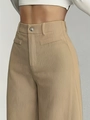 High waist khaki corduroy wide leg pants for women with vertical ribbed texture and loose fit - Khaki