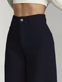 Women's high waist wide leg corduroy trousers with vertical texture and metal button - Navy Blue