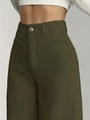 Women's dark olive green corduroy wide-leg trousers with high-waist design and metal button - Army Green