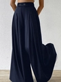 Pantaloni a gamba larga blu scuro a vita alta con dettaglio a due bottoni frontali - S / Blu navy