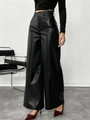 Pantalones de pernera ancha en cuero PU negro de cintura alta con caída elegante mujer - Negro