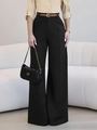 Pantaloni neri a vita alta con gamba larga e finitura drappeggiata per ufficio elegante - S / Nero