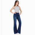 Detail of high waisted flare jeans featuring a contrast elastic waistband and slim fit design - Dark Blue