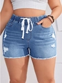 Pantaloncini di jeans da donna con coulisse elastica e orlo sfrangiato in blu - S / Azzurro