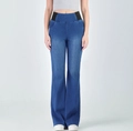 Detail of high waist flared jeans with black elastic side panels for tummy control - Royal Blue