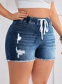 Pantaloncini di jeans da donna a vita alta con coulisse elastica e orlo sfrangiato blu - S / Blu scuro