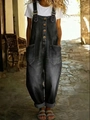 Women's casual loose denim overalls in washed dark grey with button-front design - S / Black