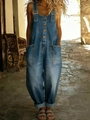 Vintage blue denim overalls for women featuring adjustable straps and loose wide leg fit - S / Royal Blue