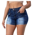 Detail van blauwe denim short met hoge taille, vintage wassing en cargo zakken - S / Donkerblauw