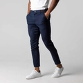 Detailed shot of navy blue slim fit trousers with side pockets and smooth fabric texture - S / Dark Blue