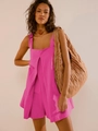 Detail of hot pink square neck romper with pleated chest design and breathable fabric - XL / Rose Red