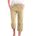 Detail of light khaki drawstring waist and geometric jacquard texture on capri pants - S / Apricot