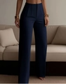 Close-up of pleated high waist details on navy blue wide-leg dress pants for women - S / Dark Blue