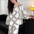 Detail of V-neck geometric print pajama set with tassel ties and loose-fit sleeves - Black White Geometric