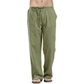 Detailweergave van de olijfgroene linnen broek met trekkoord in de taille en grote zakken - S / Bottoms / Groen