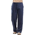 Dettaglio dei pantaloni blu navy in cotone e lino con vita elastica e coulisse regolabile - Taglia S / Pantaloni e gonne / Blu