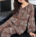 Detail of V-neck long-sleeve pajama set with white paisley print on brown cotton rayon - Mocha Paisley
