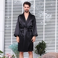 Men's black silk satin robe with shawl collar and waist belt shown in bright room - 3XL / Solid Black
