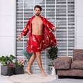 Pijama de seda roja para hombre con dragón dorado, incluye bata larga y pantalones cortos - M / Bata Roja y Pantalones Cortos