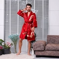 Men's red silk satin bathrobe with golden dragon embroidery and waist belt tie - M / Burgundy