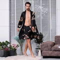 Albornoz de hombre en seda negra con estampado de dragón dorado y conjunto de pantalones cortos - M / Bata Negra y Pantalones Cortos