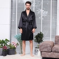 Men's black satin silk bathrobe with long sleeves and belted waist in home setting - L / Black