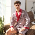 Men's burgundy silk satin bathrobe set with geometric patterns and matching shorts - 3XL / Top And Bottom / Red Circle Geometric