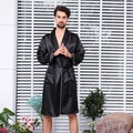 Men's black silk satin bathrobe with white contrast piping and belted waist tie - M / Black With Piping