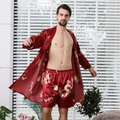 Red silk satin men's dragon print bathrobe and shorts set in a traditional Chinese style - M / Red Long-sleeved Shirt - Men's
