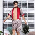 Men's silk satin bathrobe set with geometric patterns and red contrast trim - M / Top And Bottom / Red