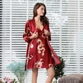 Red silk satin couple's robe with golden dragon print and V-neck slip dress - Red Long-sleeved Top - Women's
