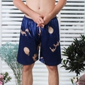 Men's navy blue silk satin sleep shorts featuring golden Chinese dragon print pattern - M / Blue Dragon