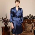 Men's navy silk-satin bathrobe with white piping detail and matching waist belt - 3XL / Top And Bottom / Blue White Piping