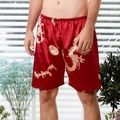 Men's luxury silk satin sleep shorts with golden dragon patterns and elastic waistband - M / Red Dragon