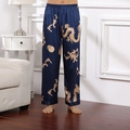 Seidenpyjama-Hose für Herren in Dunkelblau mit goldenem Drachenmuster und Gummizug - L / Blauer Drache