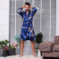Men's navy blue silk satin long robe featuring classic golden dragon embroidery pattern - M / Blue