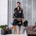 Men's black silk-like satin robe with golden dragon embroidery and crossover collar - M / Black
