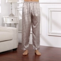 Men's silk satin lounge pajama pants with vintage geometric pattern in grey purple finish - Silver & Yellow