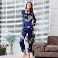 Ensemble de pyjama en satin bleu marine pour couple avec imprimé dragon doré et manches - M / Bleu-Femmes