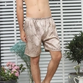 Men's champagne faux silk sleep shorts with vintage print and elastic waistband - Luxury Gold