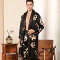Men's silk satin pajamas set with golden dragon print long robe and pants in black - L / Black
