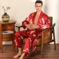 Men's luxury red silk satin pajama set with golden dragon prints and long sleeves - L / Red