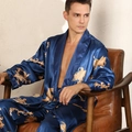 Men's luxury navy silk satin robe set with gold embroidery and matching pants - L / Blue