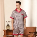 Men's silk satin pajama set with geometric print, short sleeves and red contrast piping - Red Circles