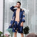 Men's navy silk pajama set with gold dragon print featuring long sleeves and shorts - M / Blue Long-sleeved Shirt - Men's