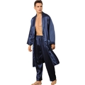 Men's navy blue silk satin pajamas set with long robe and trousers for summer - M / Blue