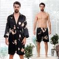 Men's black silk-satin lounge set with golden dragon print robe and shorts - M / Black Long-sleeved Shirt - Men's
