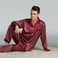 Pigiama da uomo in seta bordeaux con stampa geometrica, set da notte a manica lunga - L / Motivo Floreale Rosso Profundo