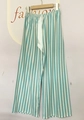Detail of blue and white striped breathable pajama pants with elastic drawstring waist - Mint Wave Stripe