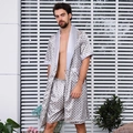 Men's silver-grey silk satin pajama set featuring geometric prints and matching shorts - M / Silver Gray Circle